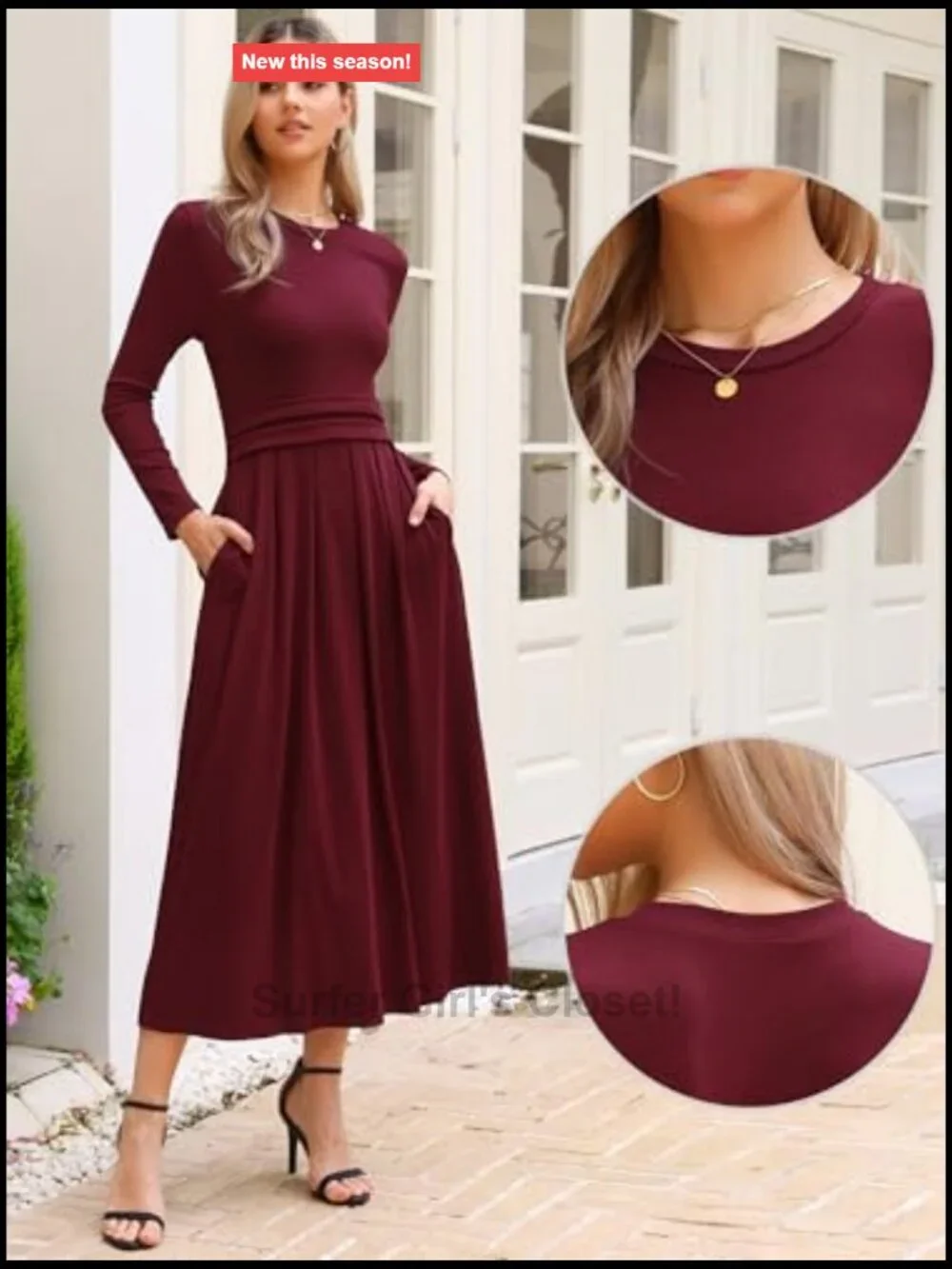 Long Sleeve Maxi Dress A-Line Crew Neck Pleated Formal Casual